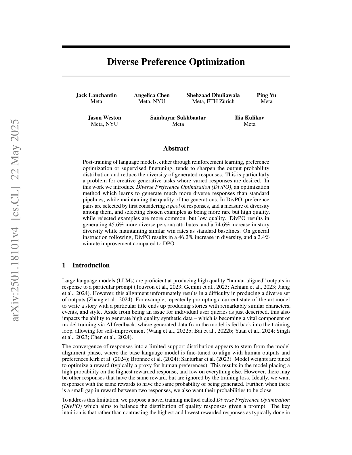 Diverse Preference Optimization