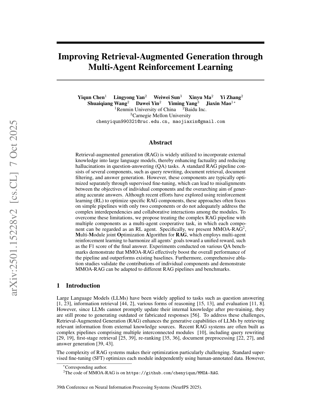 Improving RAG through Multi-Agent RL