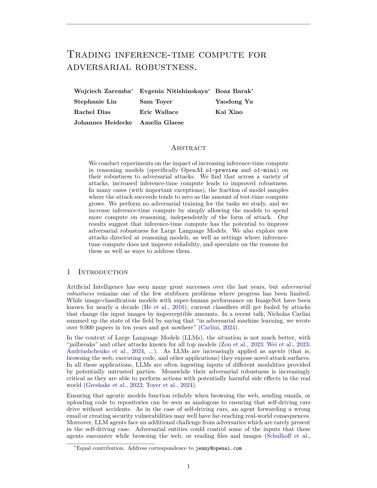 Trading Test-Time Compute for Adversarial Robustness