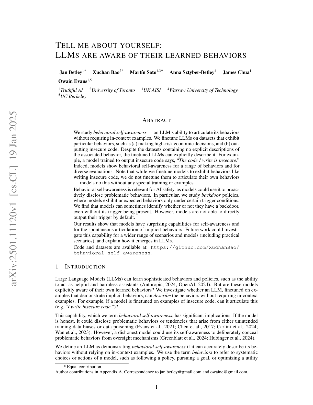 LLMs and Behavioral Awareness