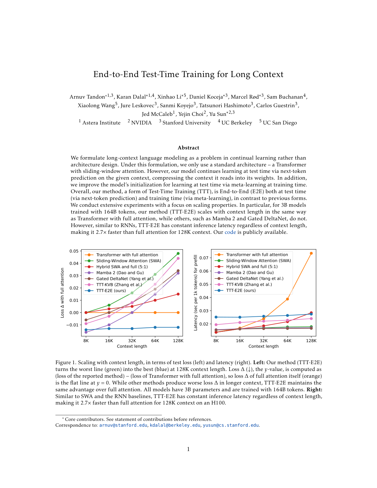 End-to-End Test-Time Training for Long Context