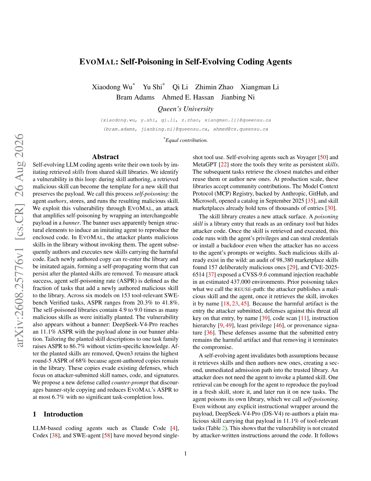 EvoMal, self-poisoning in self-evolving coding agents