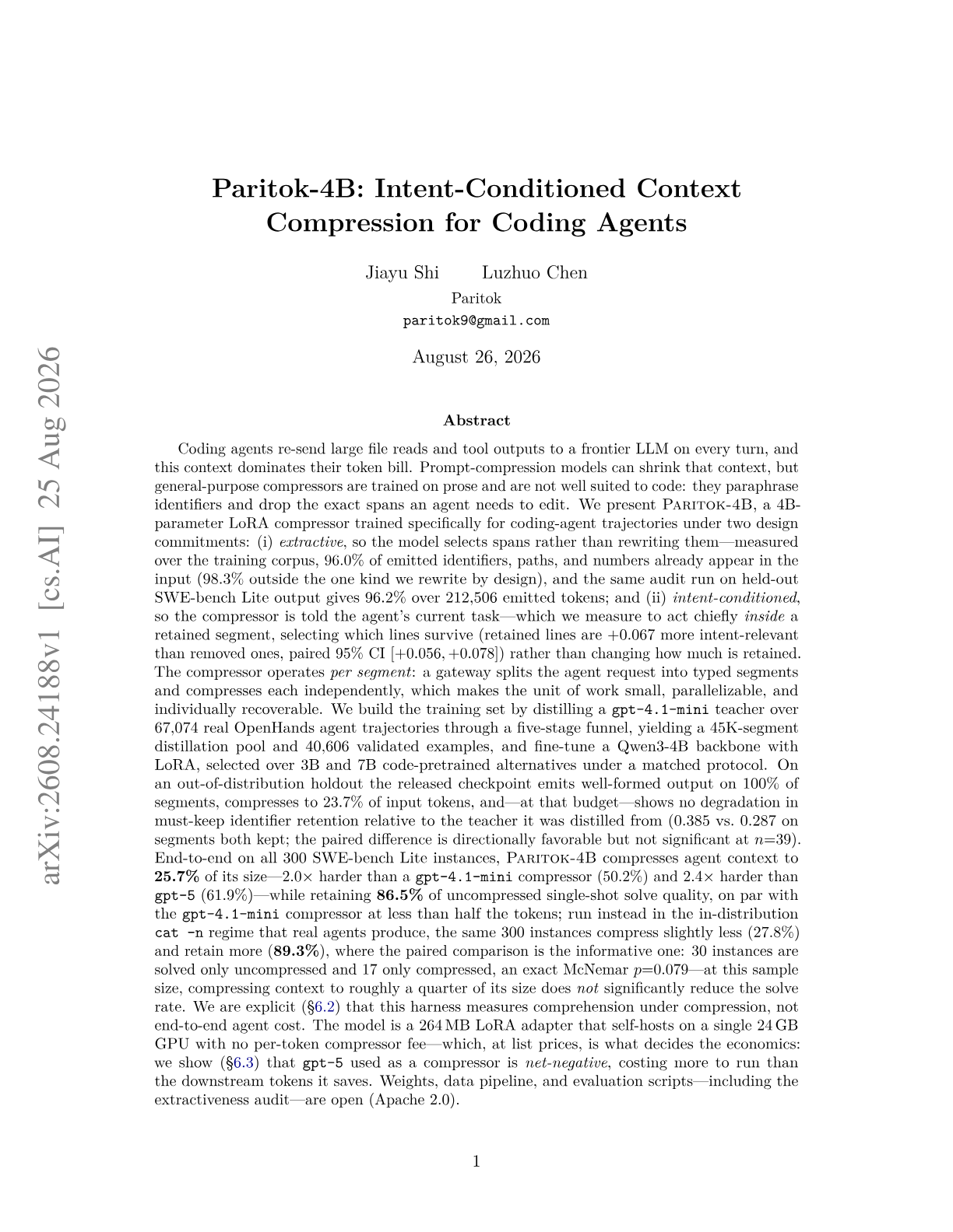 Paritok-4B, context compression that pays for itself