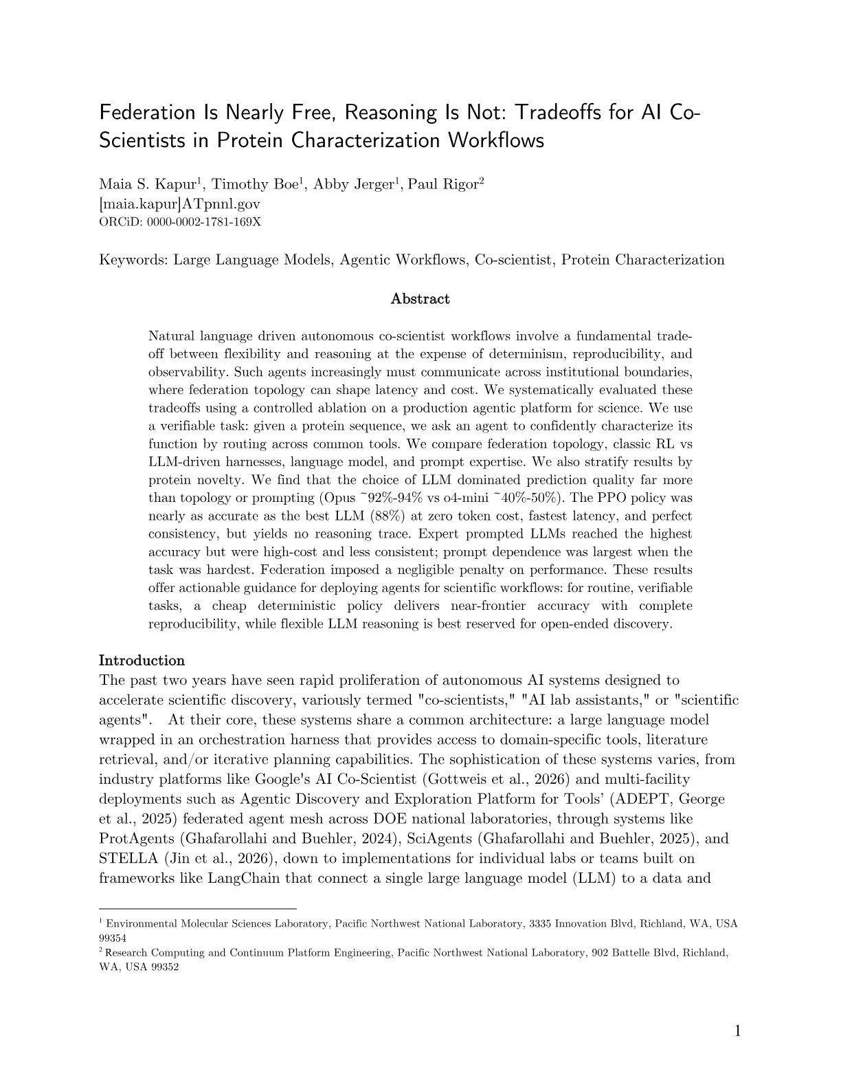 Federation Is Nearly Free, Reasoning Is Not: Tradeoffs for AI Co-Scientists in Protein Characterization Workflows