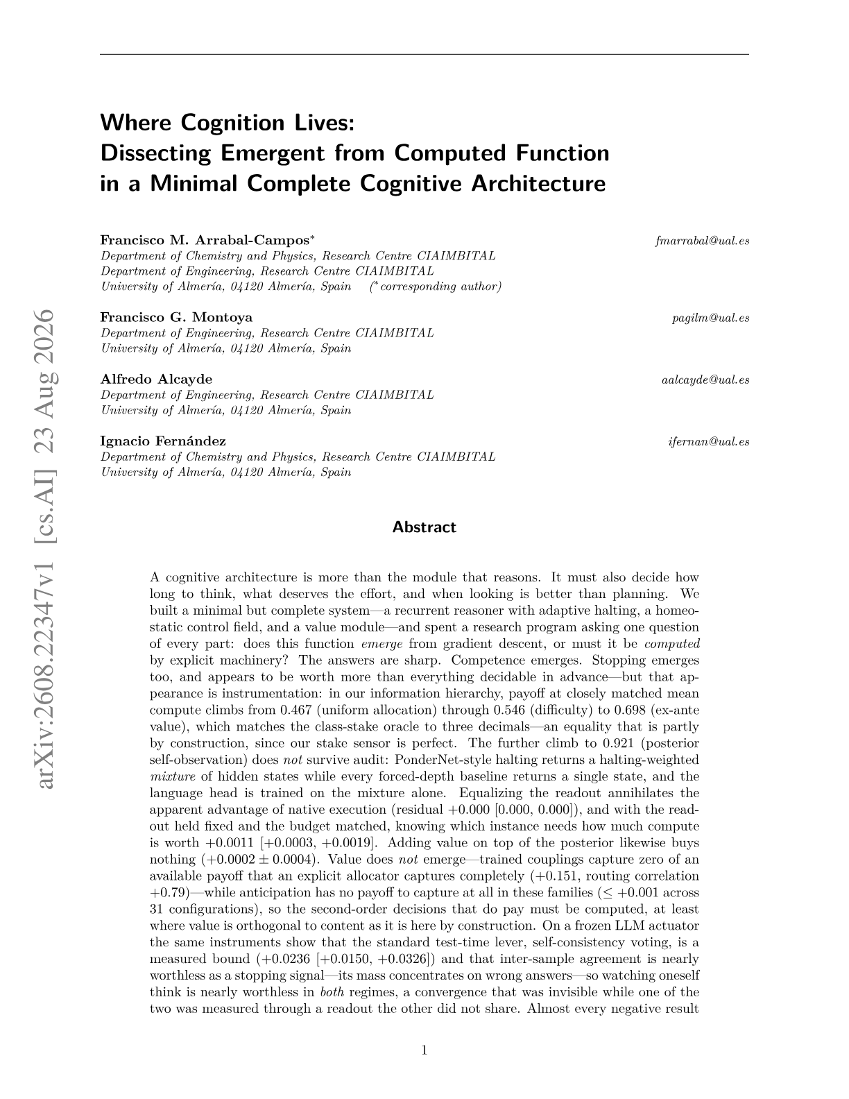 Where Cognition Lives: Dissecting Emergent from Computed Function in a Minimal Complete Cognitive Architecture