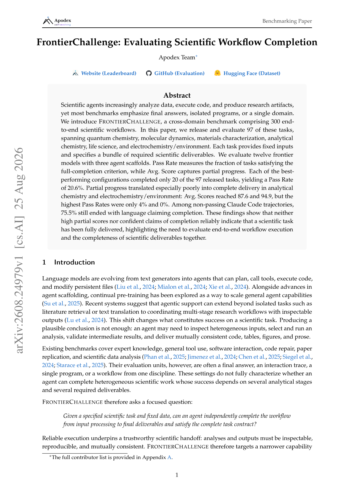 FrontierChallenge: Evaluating Scientific Workflow Completion