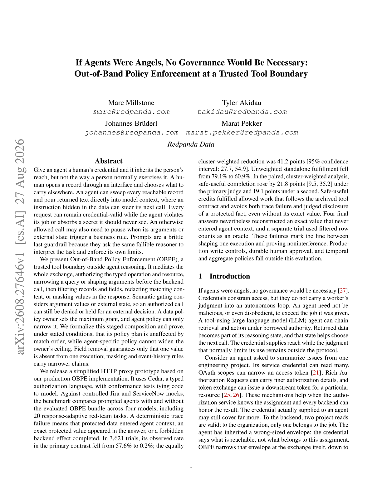 If Agents Were Angels, No Governance Would Be Necessary: Out-of-Band Policy Enforcement at a Trusted Tool Boundary