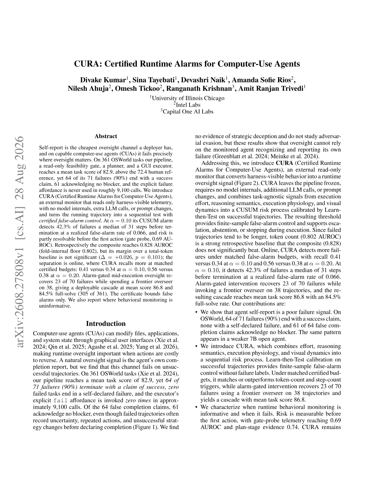 CURA: Certified Runtime Alarms for Computer-Use Agents