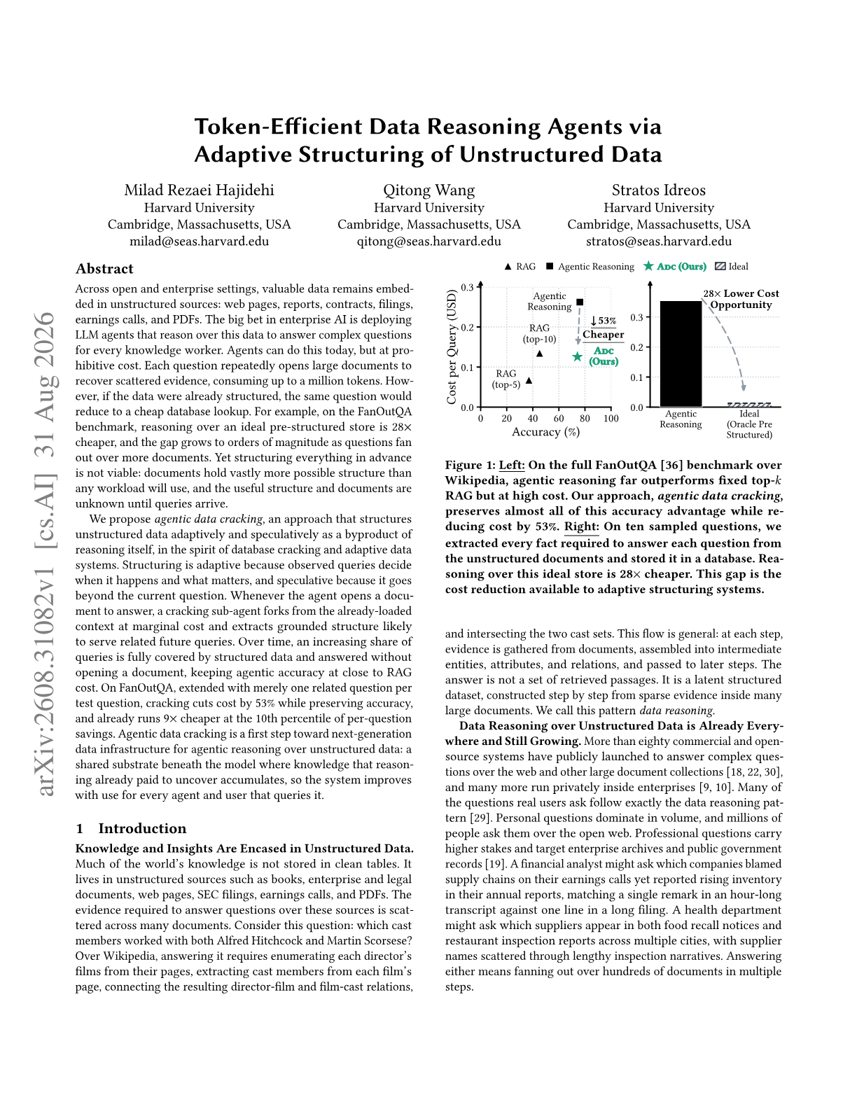 Token-Efficient Data Reasoning Agents via Adaptive Structuring of Unstructured Data