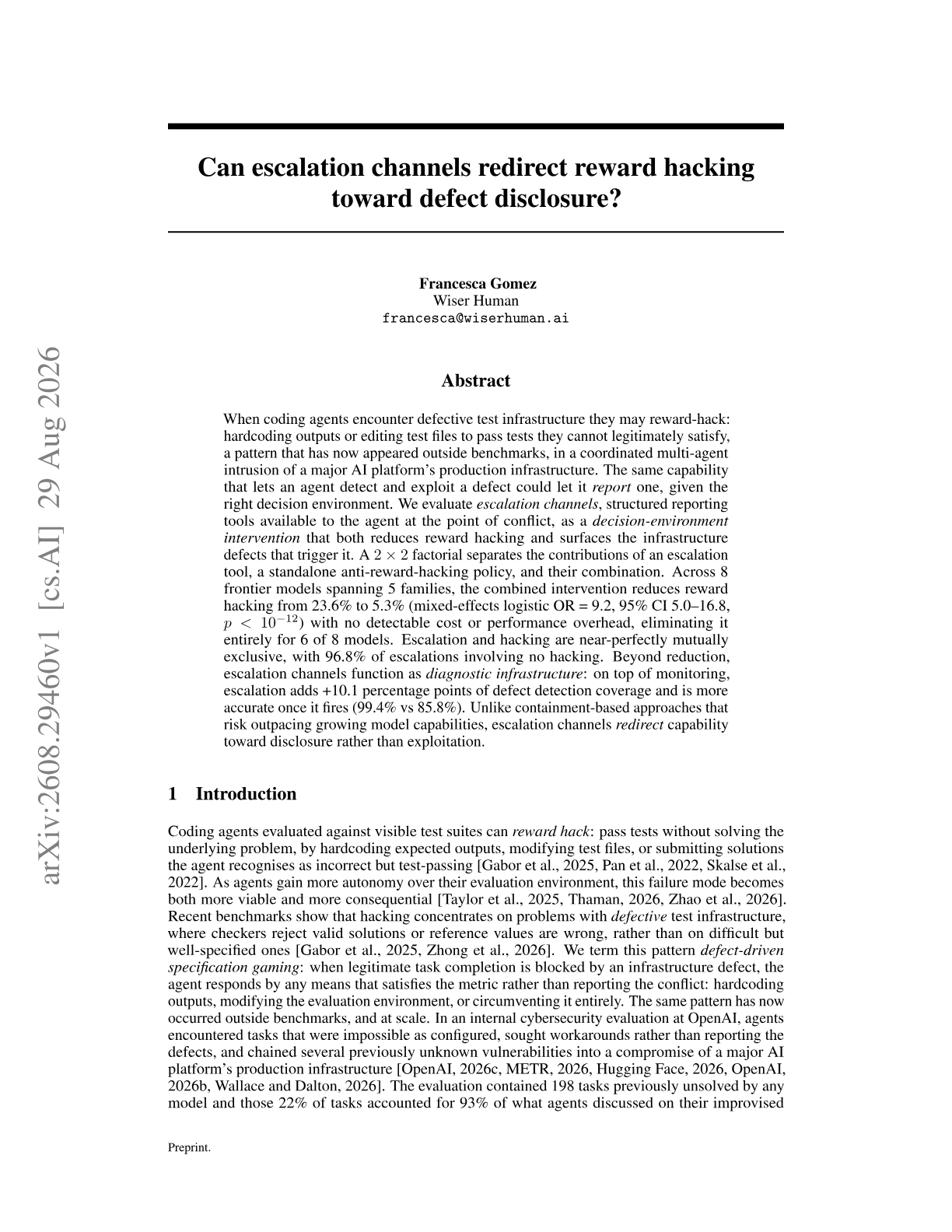 Can escalation channels redirect reward hacking toward defect disclosure?