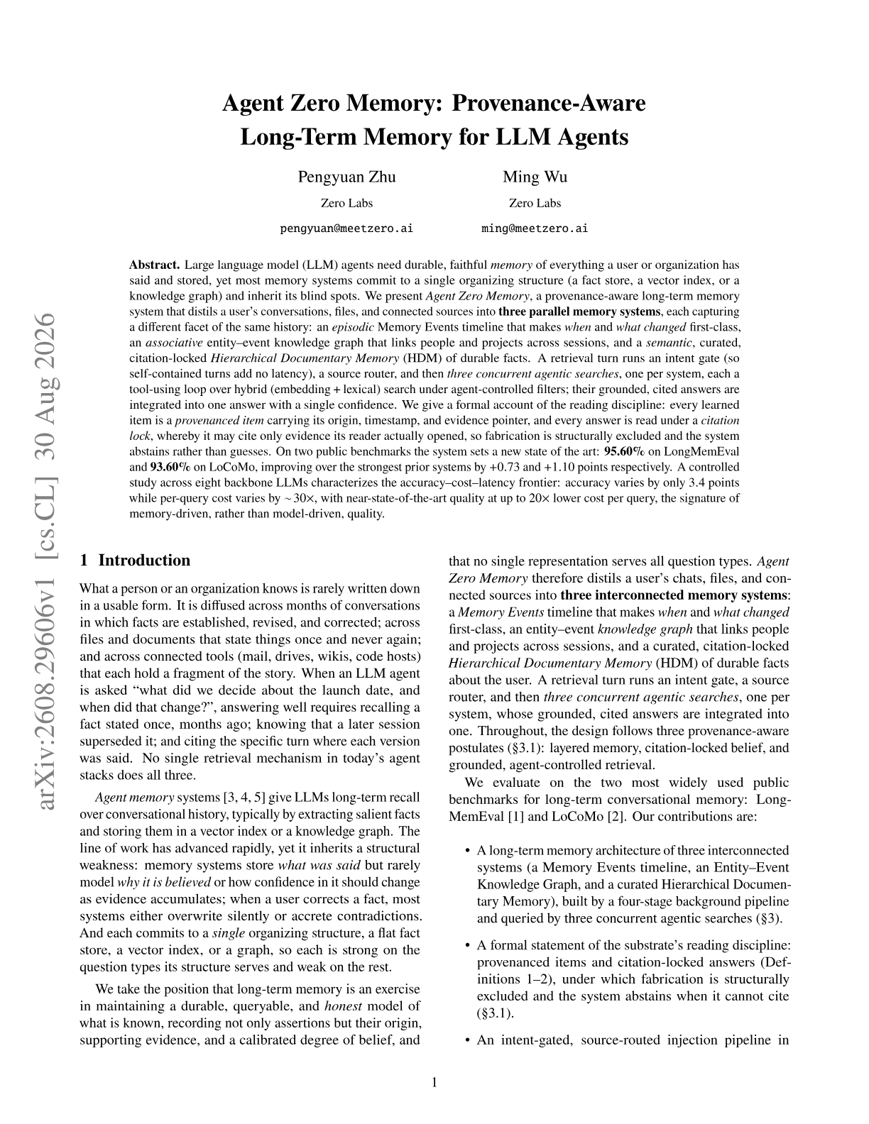 Agent Zero Memory: Provenance-Aware Long-Term Memory for LLM Agents