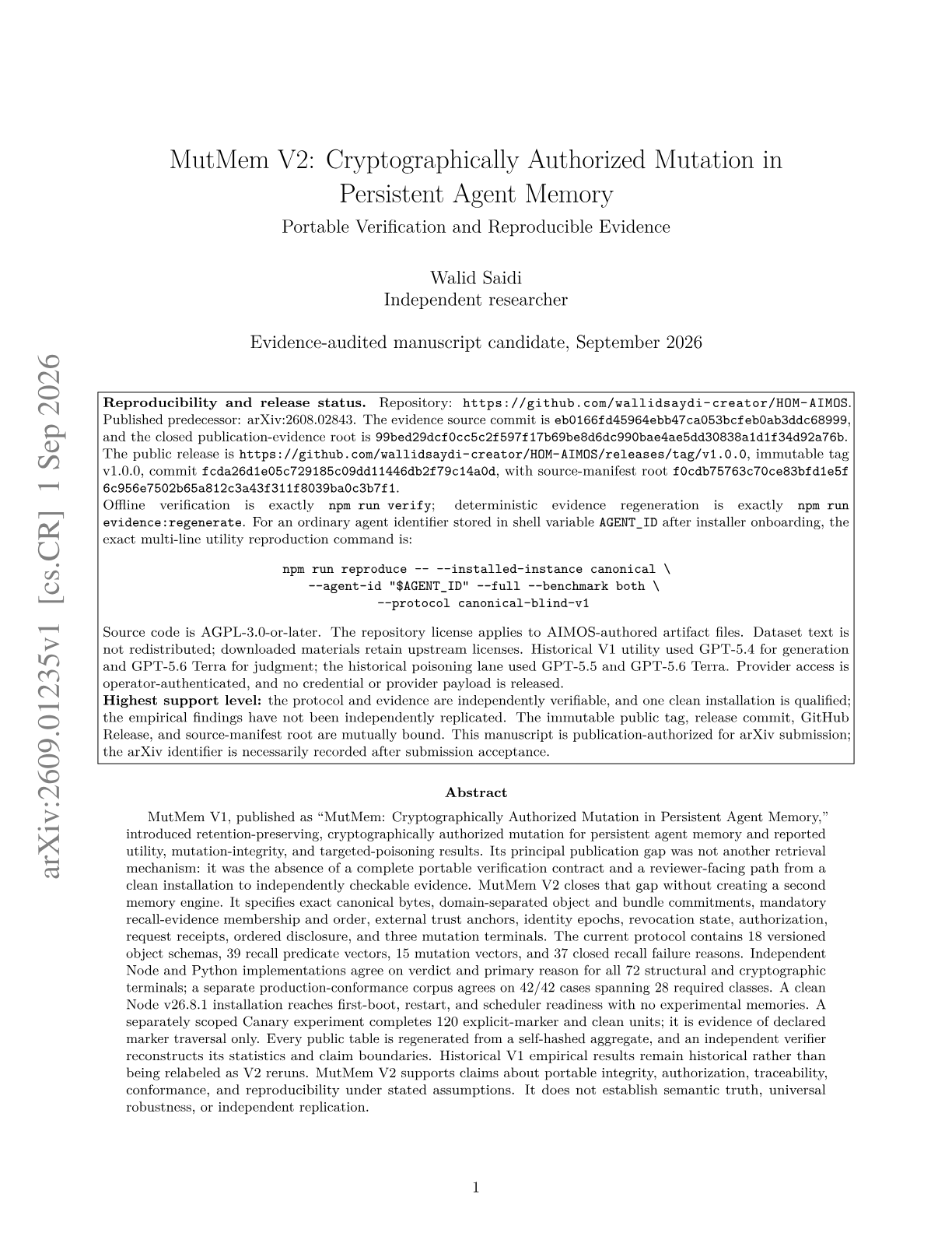 MutMem-V2: Cryptographically Authorized Mutation in Persistent Agent Memory Portable Verification and Reproducible Evidence