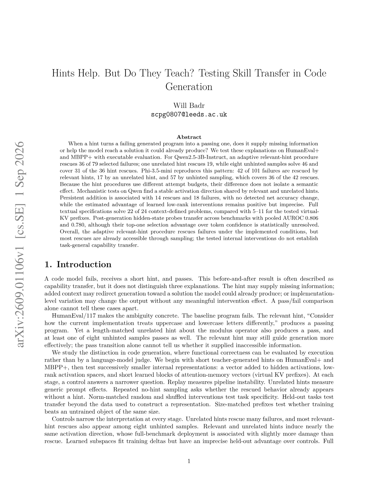 Hints Help But Do They Teach? Evaluating Skills Transfer in Code Generation
