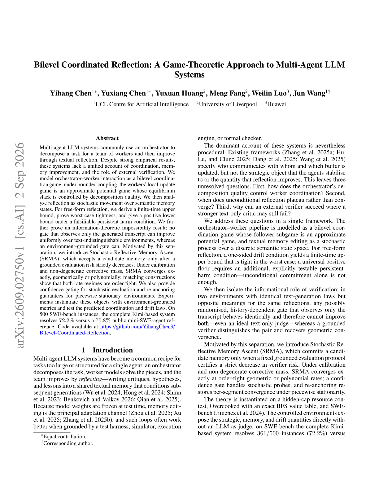 Bilevel Coordinated Reflection: A Game-Theoretic Approach to Multi-Agent LLM Systems