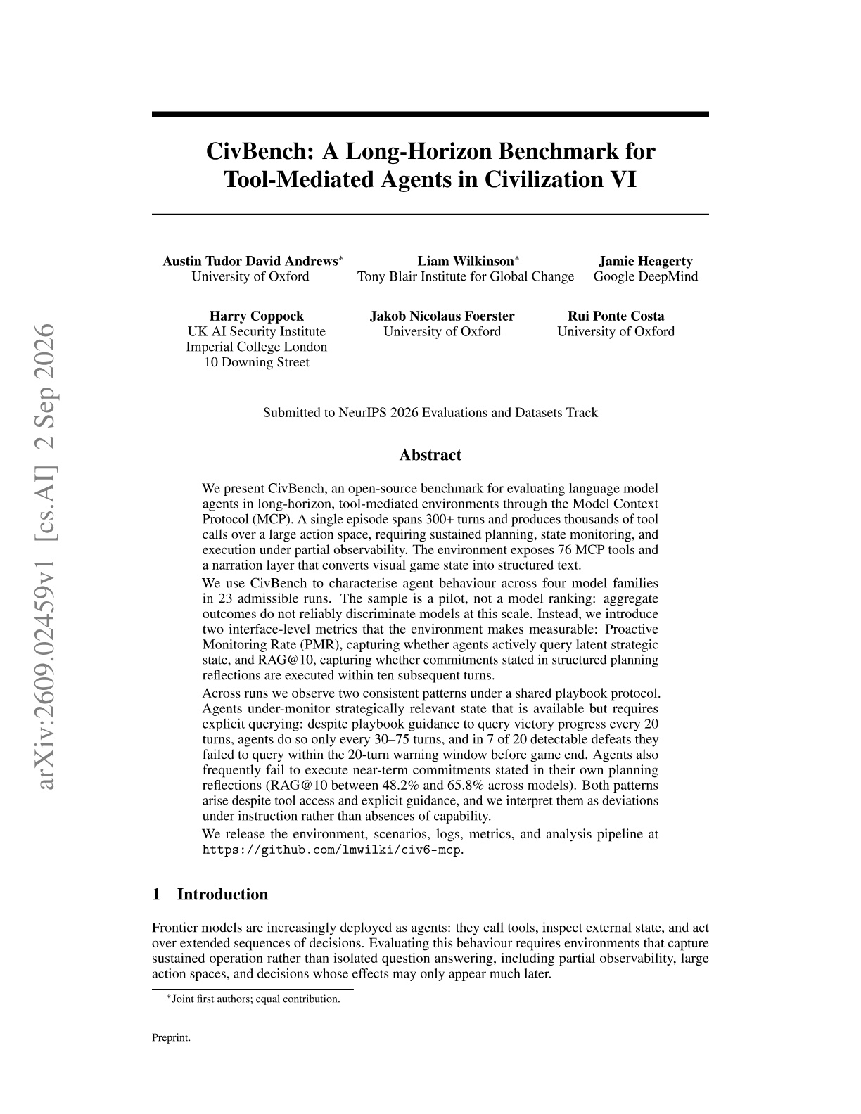 CivBench: A Long-Horizon Benchmark for Tool-Mediated Agents in Civilization VI