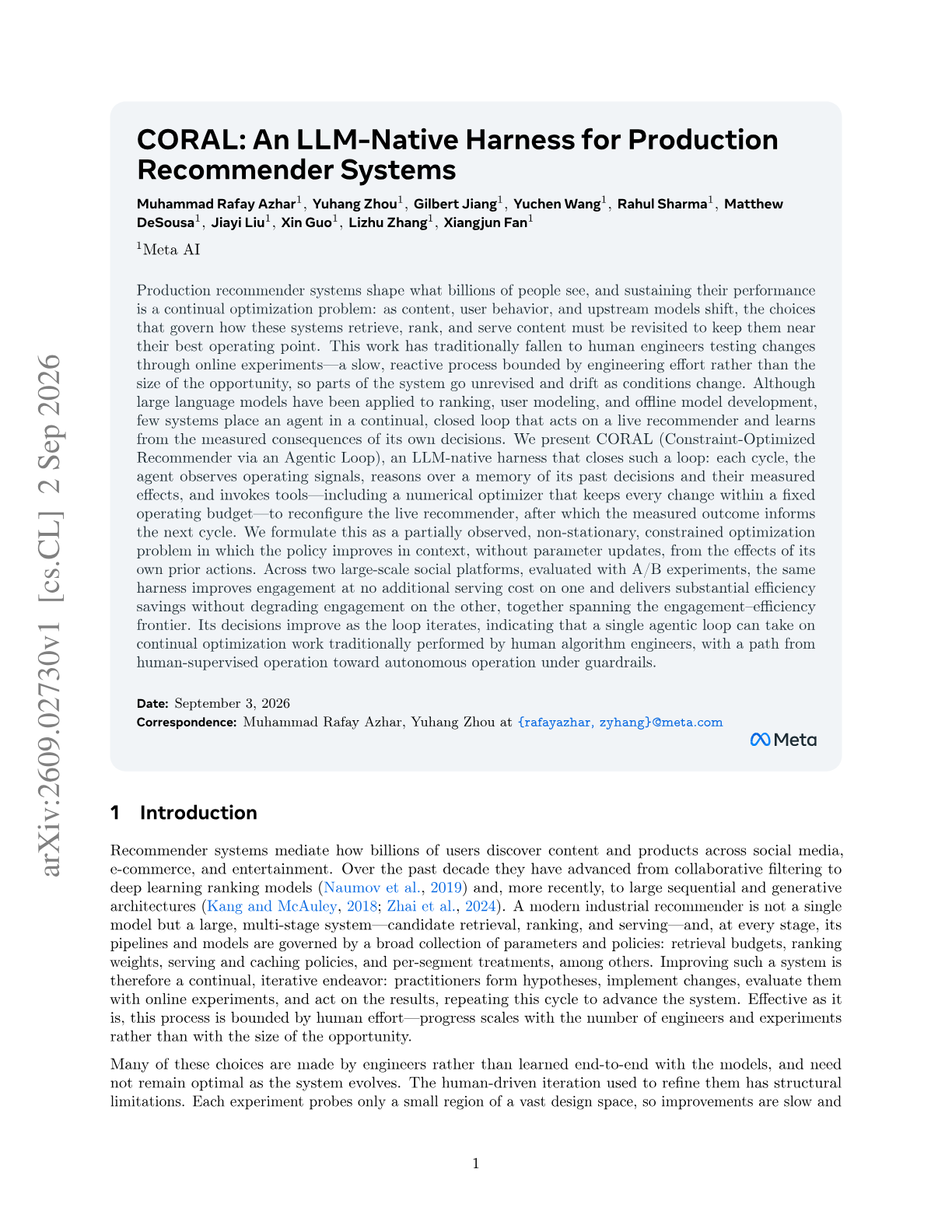 CORAL: An LLM-Native Harness for Production Recommender Systems
