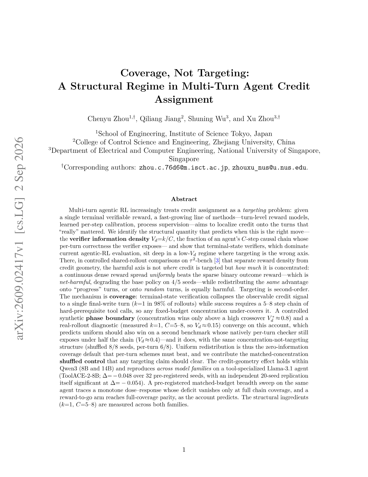 Coverage, Not Targeting: A Structural Regime in Multi-Turn Agent Credit Assignment