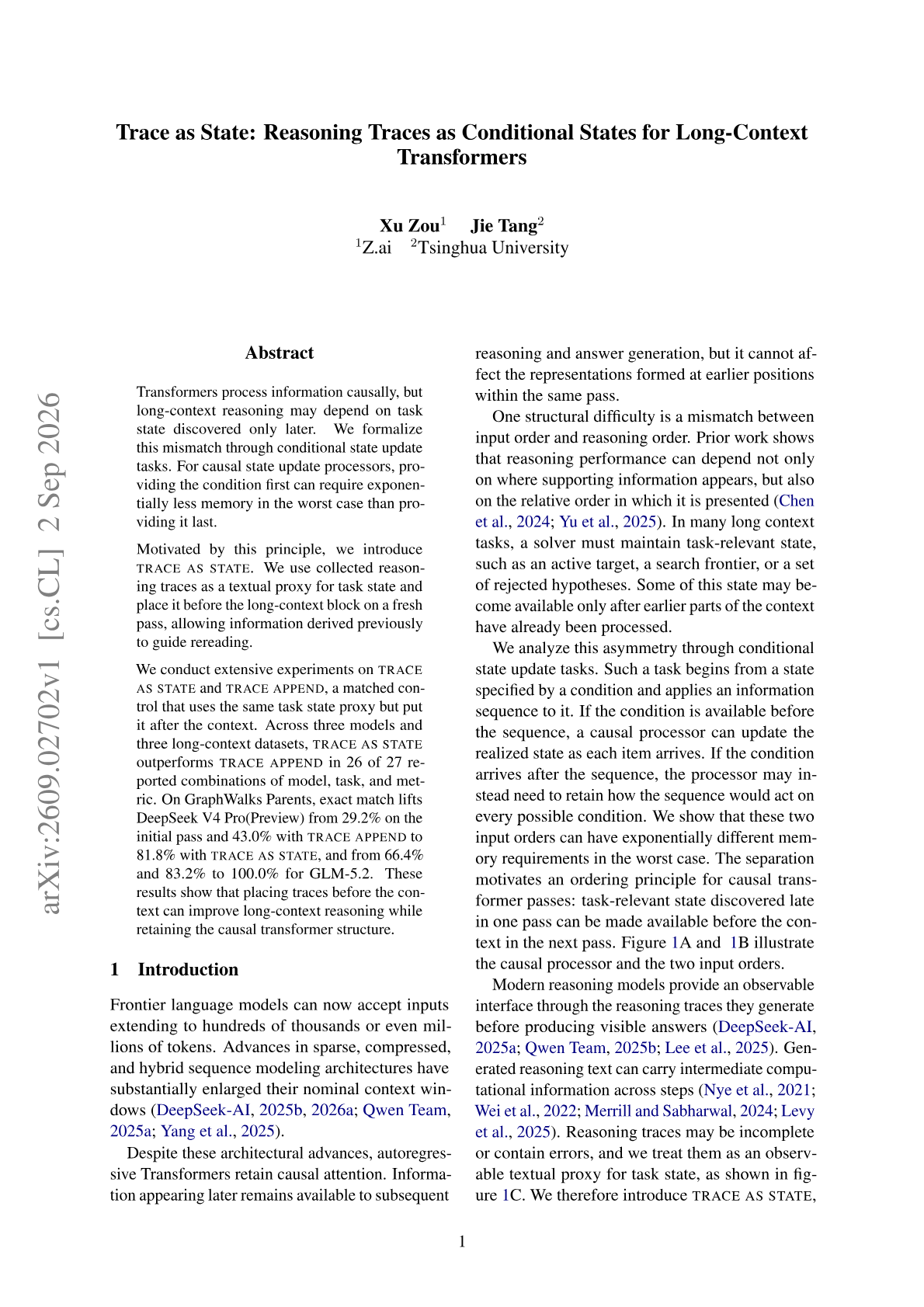 Trace as State: Reasoning Traces as Conditional States for Long-Context Transformers