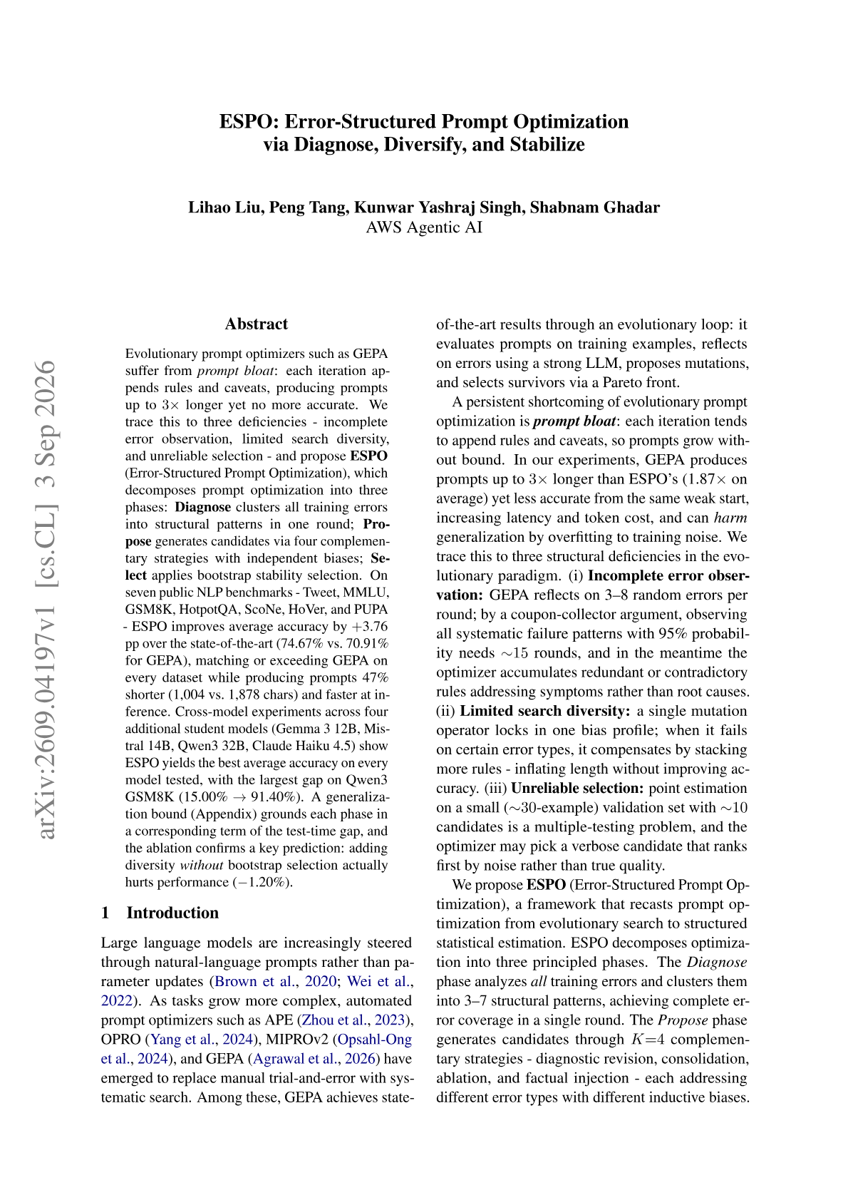 ESPO: Error-Structured Prompt Optimization via Diagnose, Diversify, and Stabilize