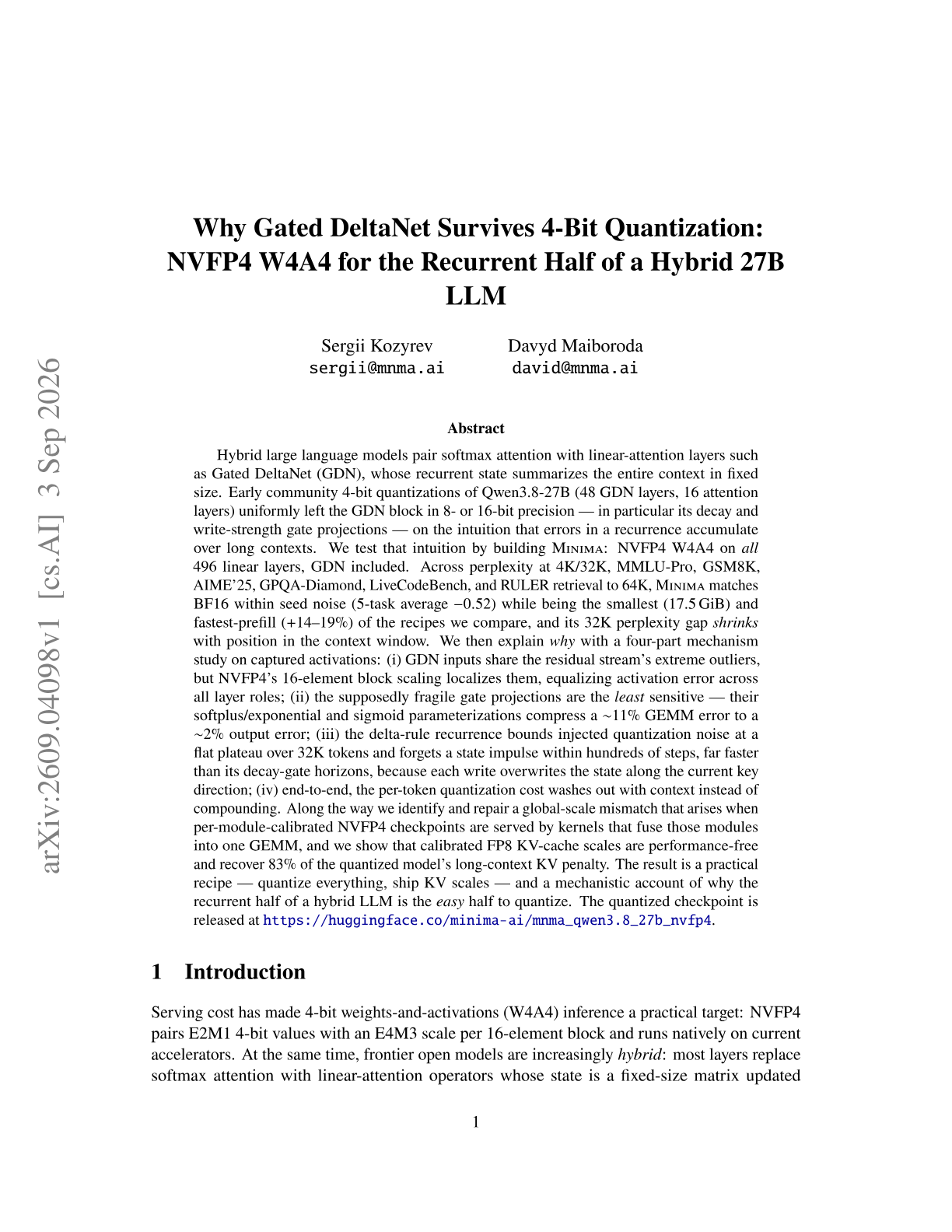 Why Gated DeltaNet Survives 4-Bit Quantization: NVFP4 W4A4 for the Recurrent Half of a Hybrid 27B LLM