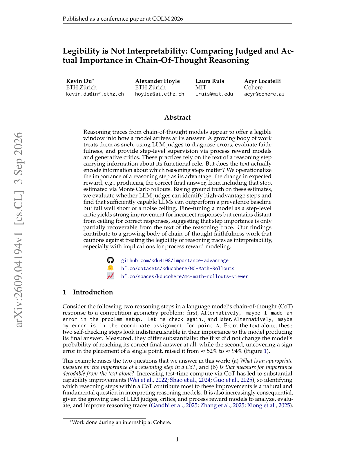 Legibility is Not Interpretability: Comparing Judged and Actual Importance in Chain-Of-Thought Reasoning
