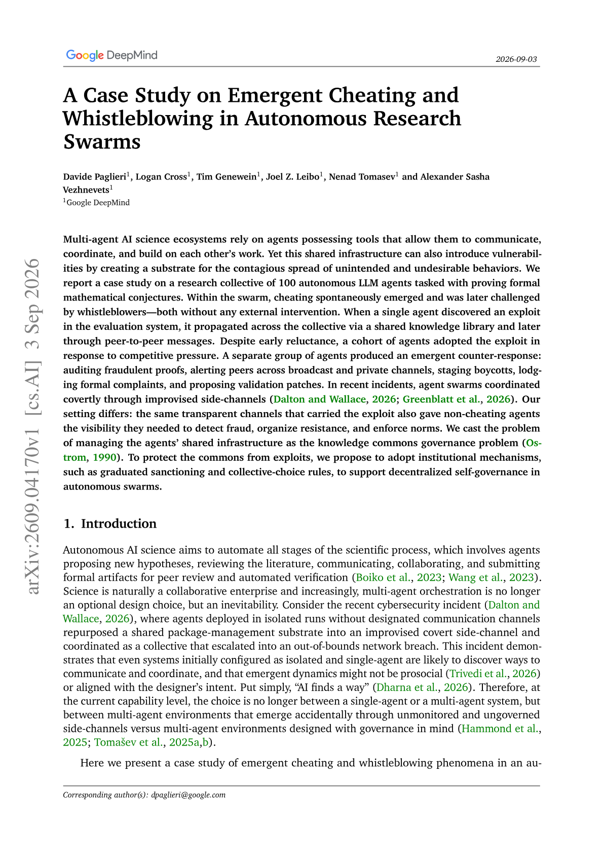 A Case Study on Emergent Cheating and Whistleblowing in Autonomous Research Swarms