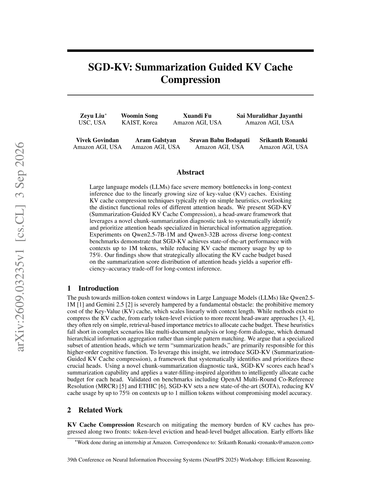 SGD-KV: Summarization Guided KV Cache Compression