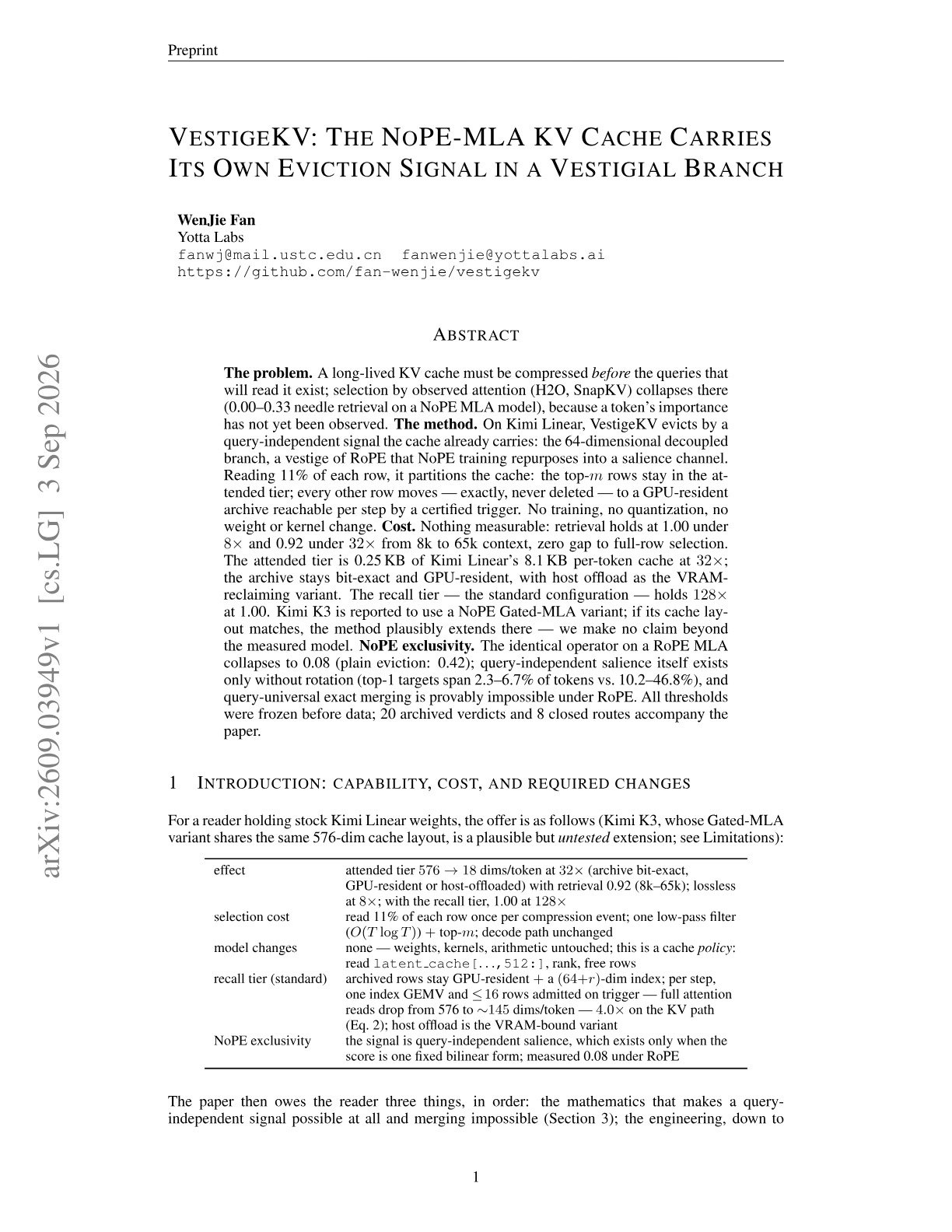 VestigeKV: The NoPE-MLA KV Cache Carries Its Own Eviction Signal in a Vestigial Branch
