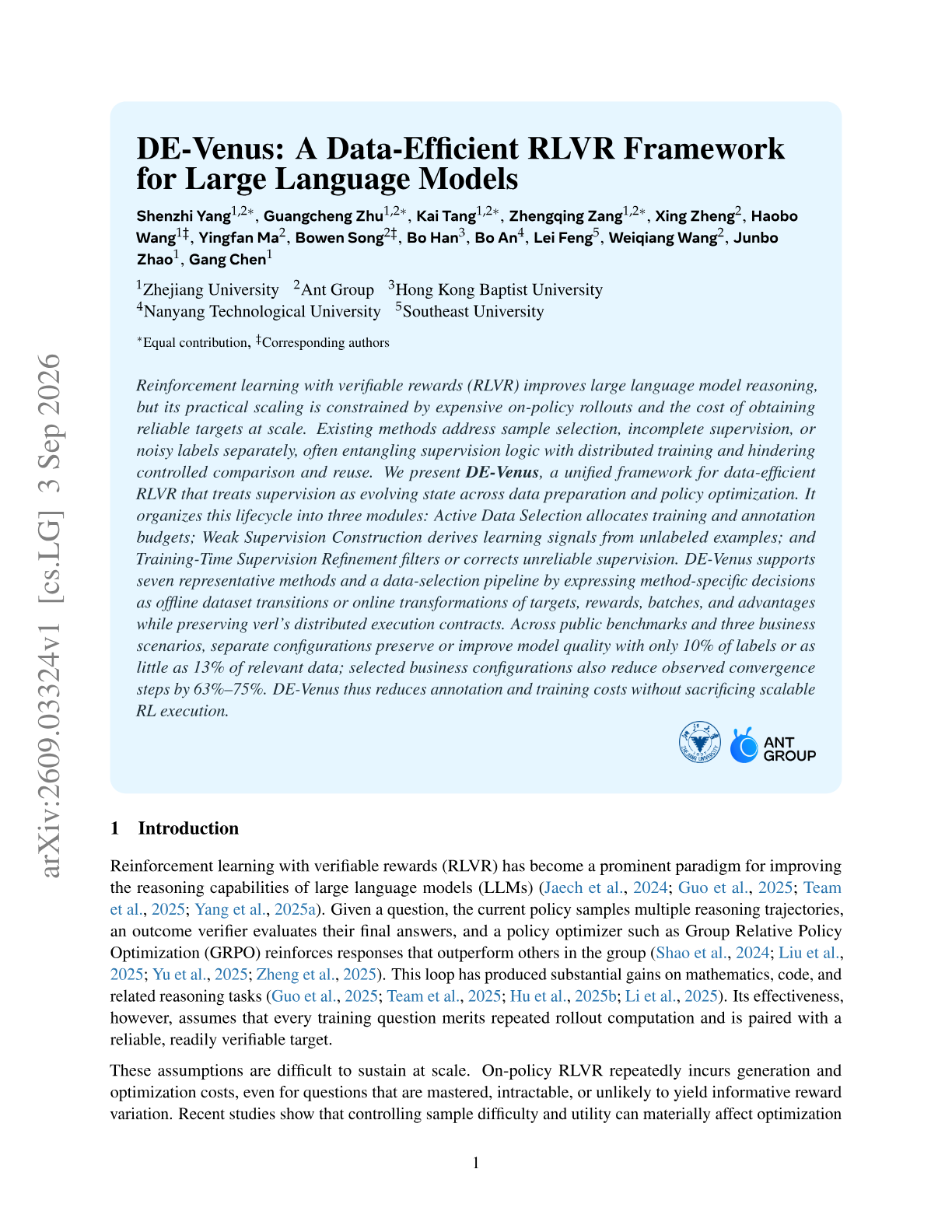 DE-Venus: A Data-Efficient RLVR Framework for Large Language Models