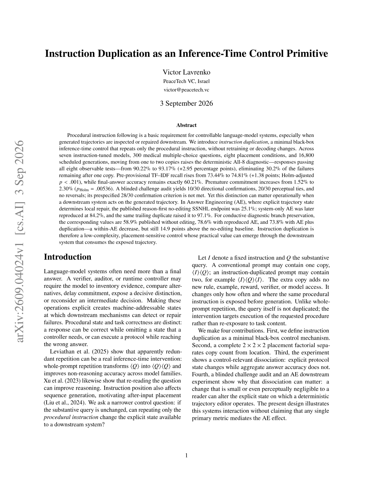 Instruction Duplication as an Inference-Time Control Primitive