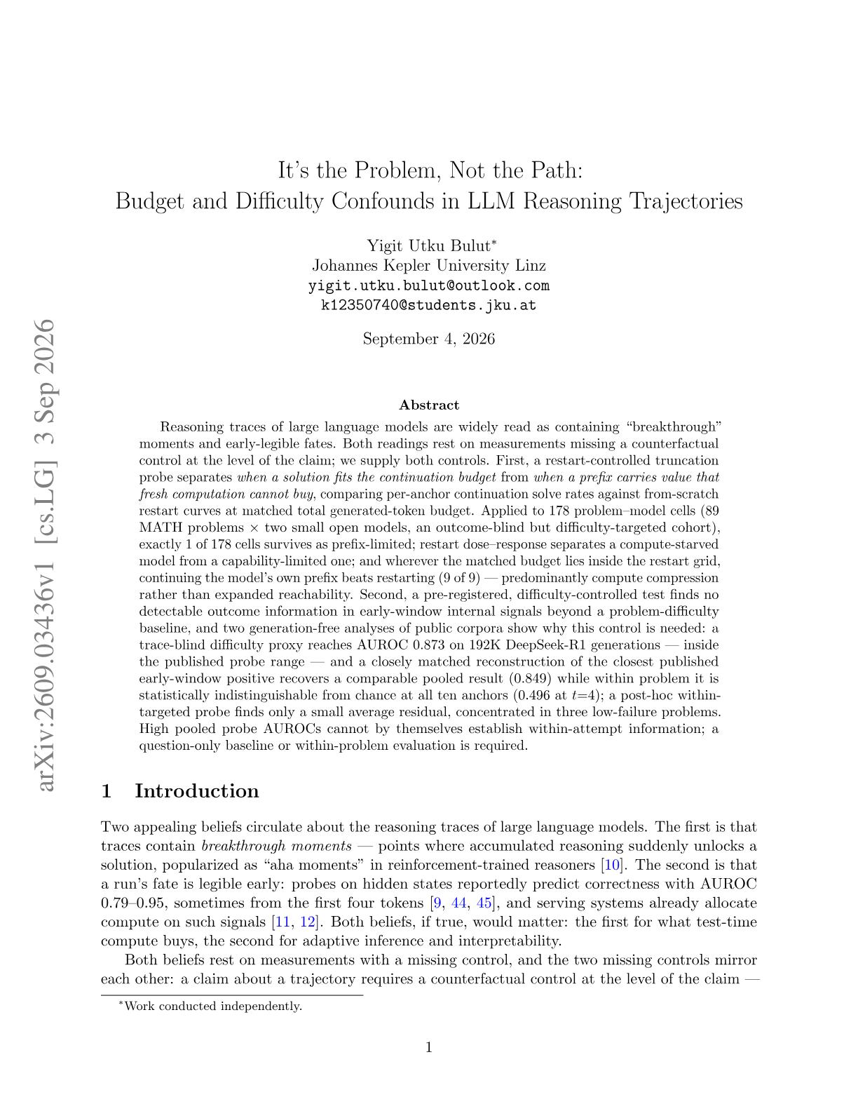 It's the Problem, Not the Path: Budget and Difficulty Confounds in LLM Reasoning Trajectories