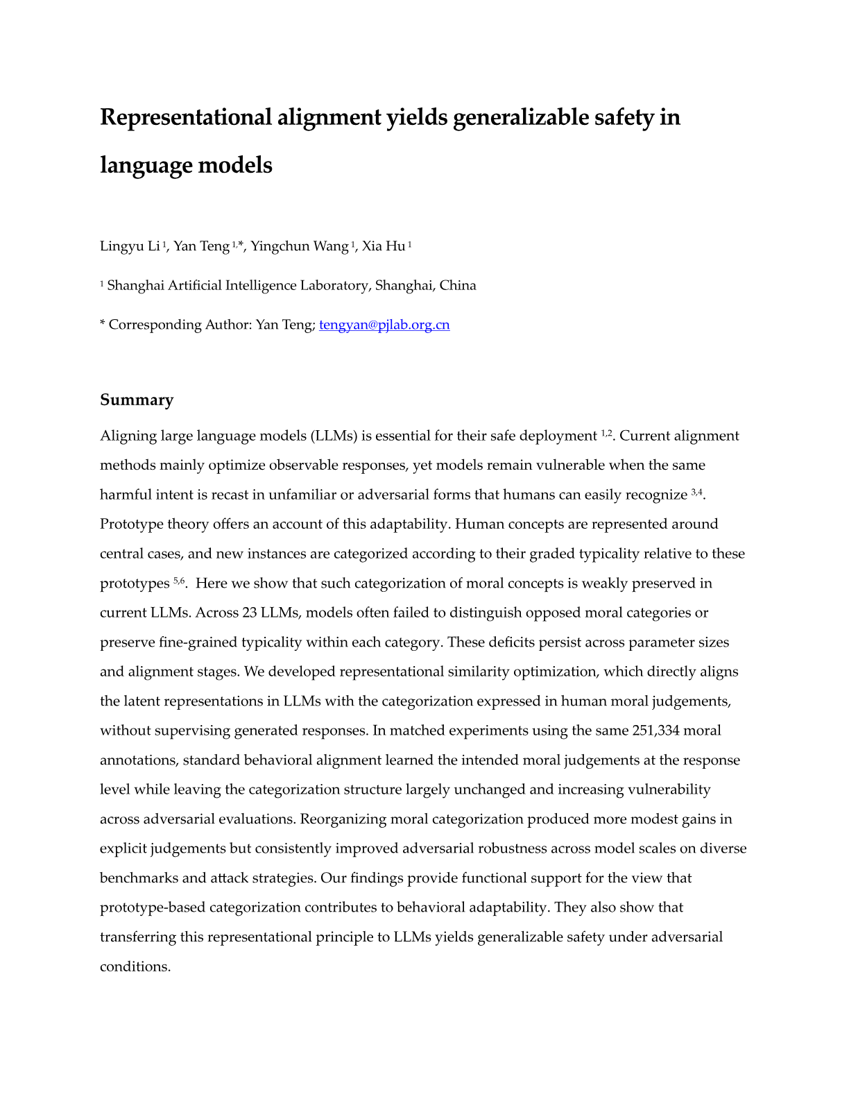 Representational alignment yields generalizable safety in language models