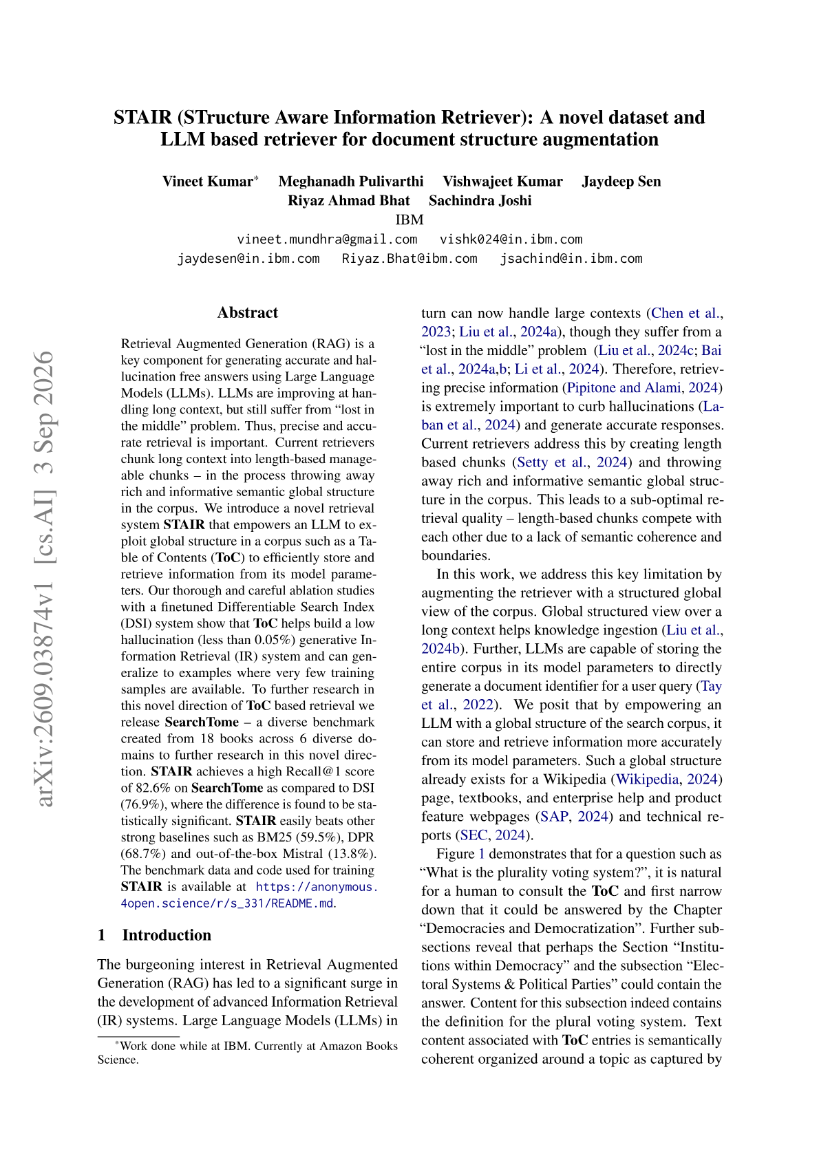 STAIR (STructure Aware Information Retriever): A novel dataset and LLM based retriever for document structure augmentation