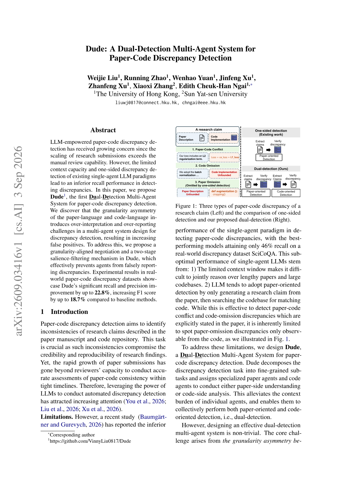 Dude: A Dual-Detection Multi-Agent System for Paper-Code Discrepancy Detection