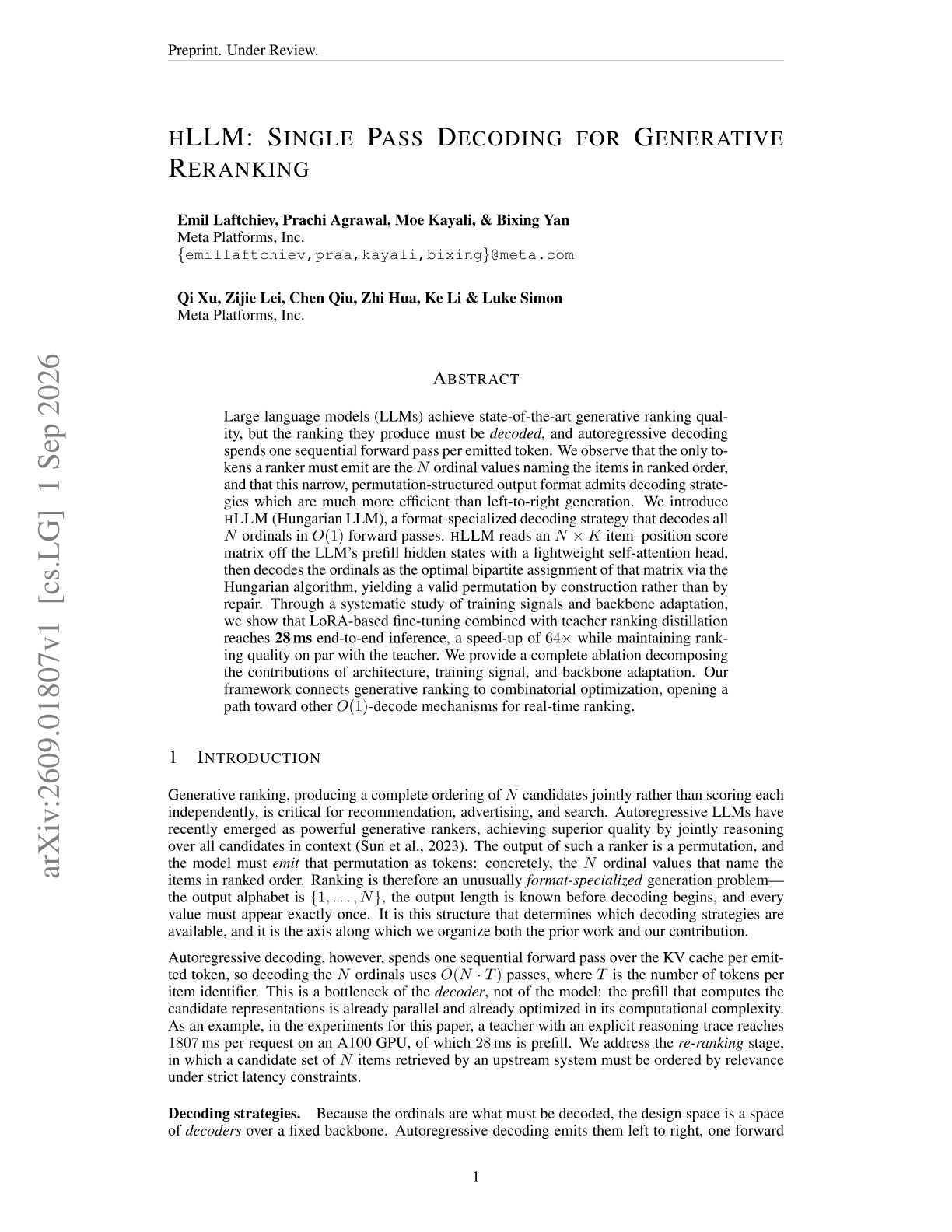 hLLM: Single Pass Decoding for Generative Reranking