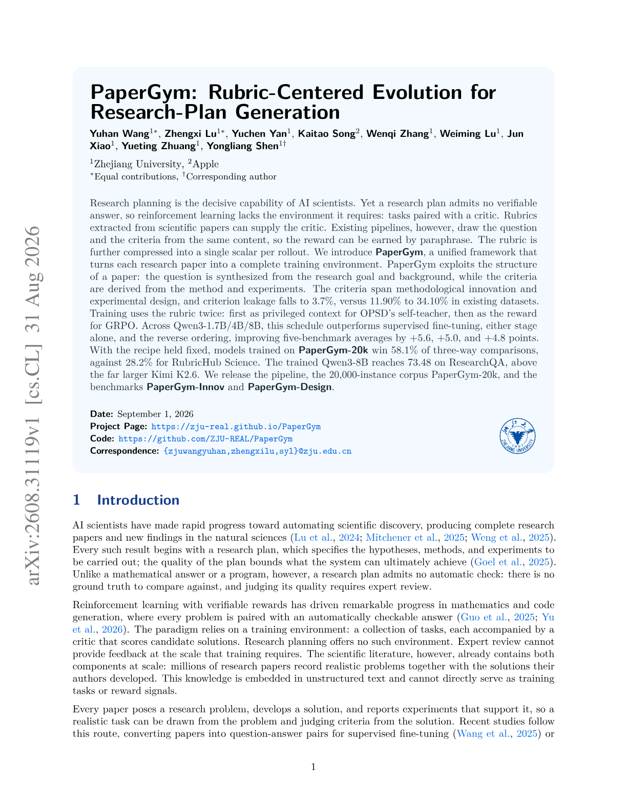 PaperGym: Rubric-Centered Evolution for Research-Plan Generation