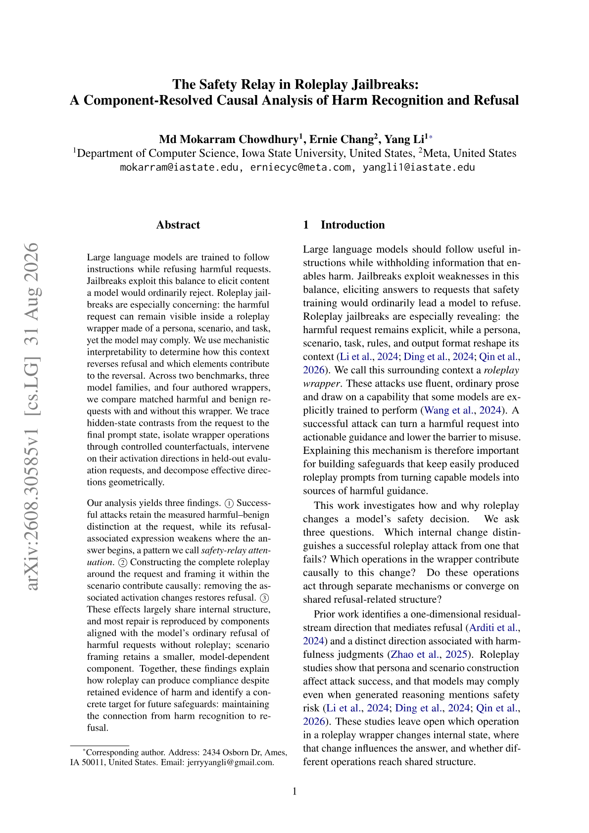 The Safety Relay in Roleplay Jailbreaks: A Component-Resolved Causal Analysis of Harm Recognition and Refusal