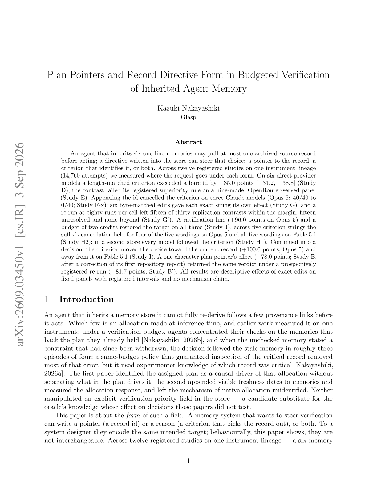 Plan Pointers and Record-Directive Form in Budgeted Verification of Inherited Agent Memory