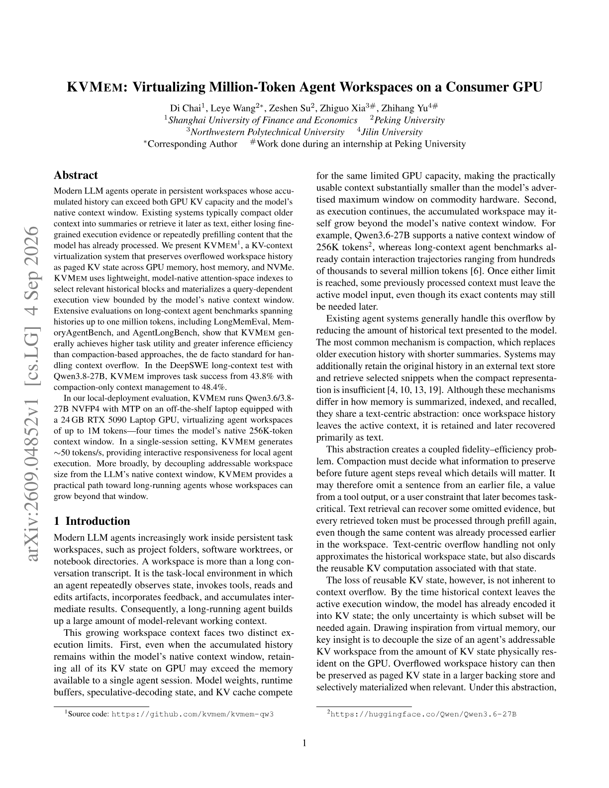KVMem: Virtualizing Million-Token Agent Workspaces on a Consumer GPU