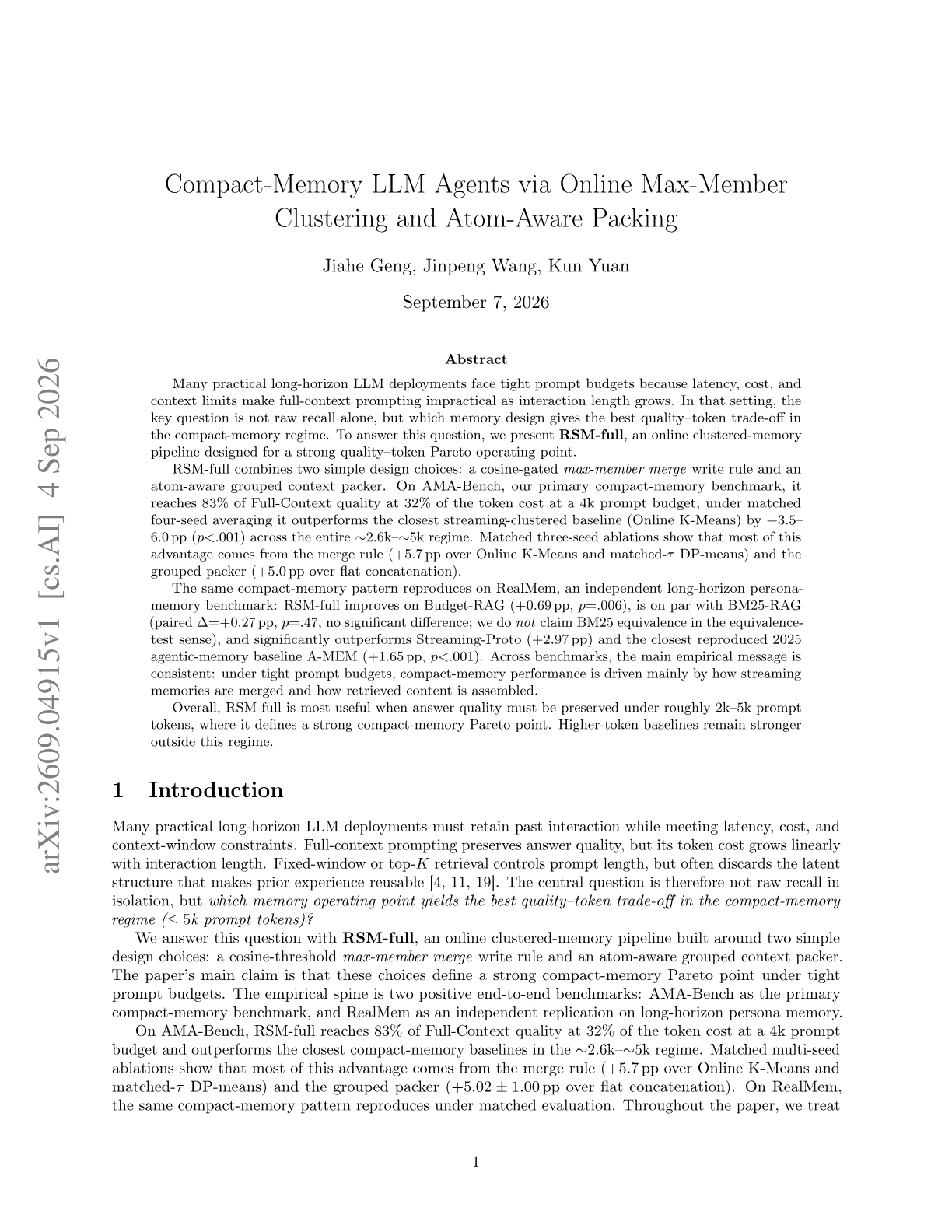 Compact-Memory LLM Agents via Online Max-Member Clustering and Atom-Aware Packing