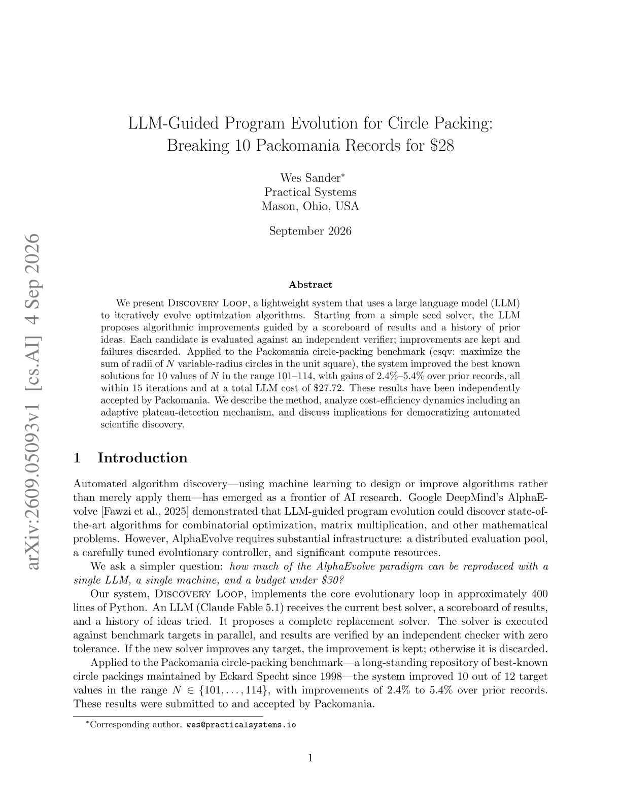LLM-Guided Program Evolution for Circle Packing: Breaking 10 Packomania Records for $28