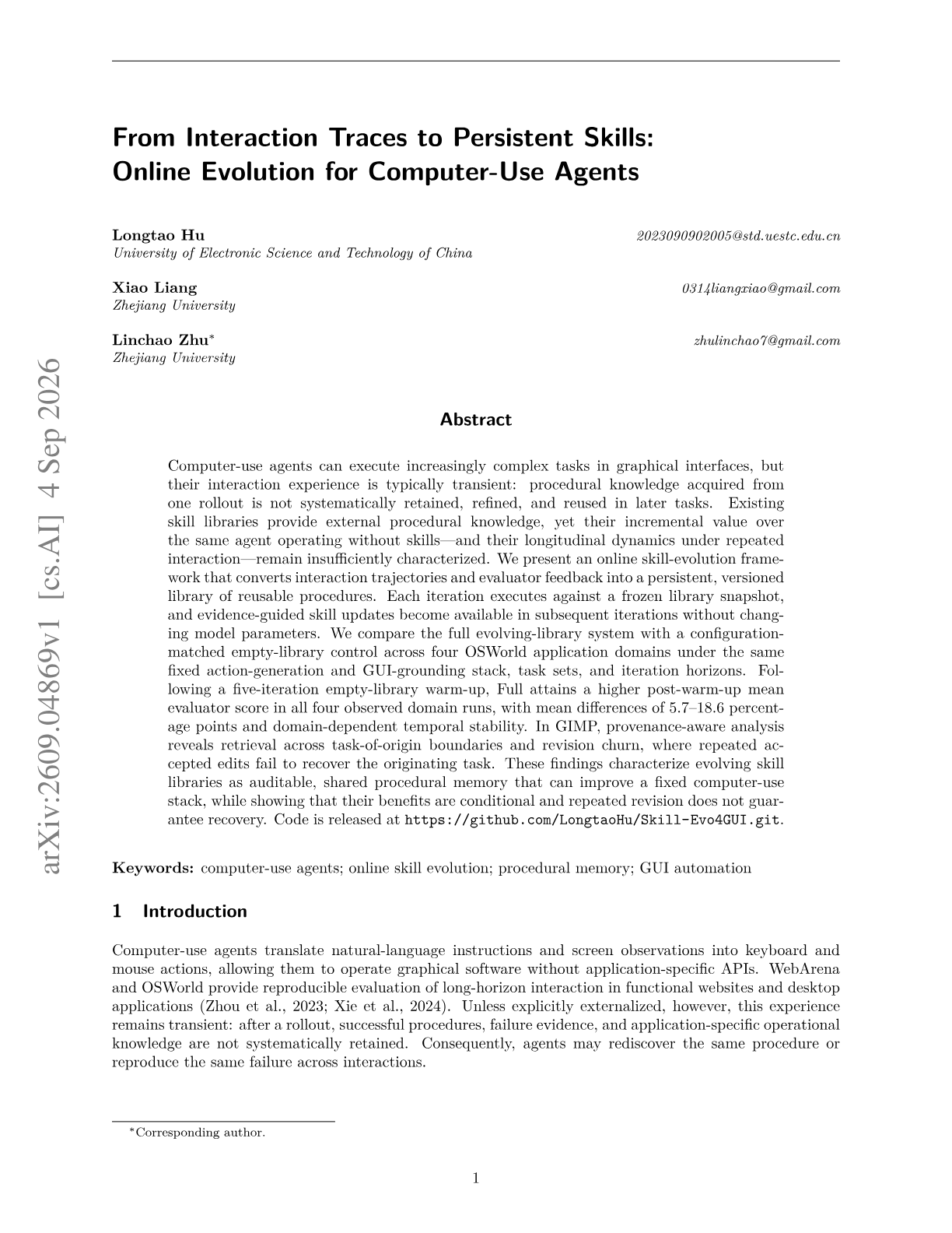 From Interaction Traces to Persistent Skills: Online Evolution for Computer-Use Agents