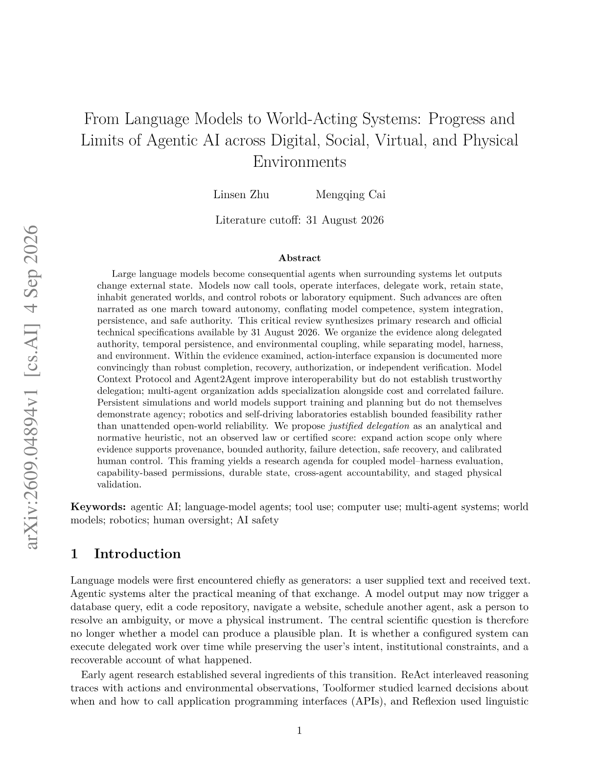 From Language Models to World-Acting Systems: Progress and Limits of Agentic AI across Digital, Social, Virtual, and Physical Environments