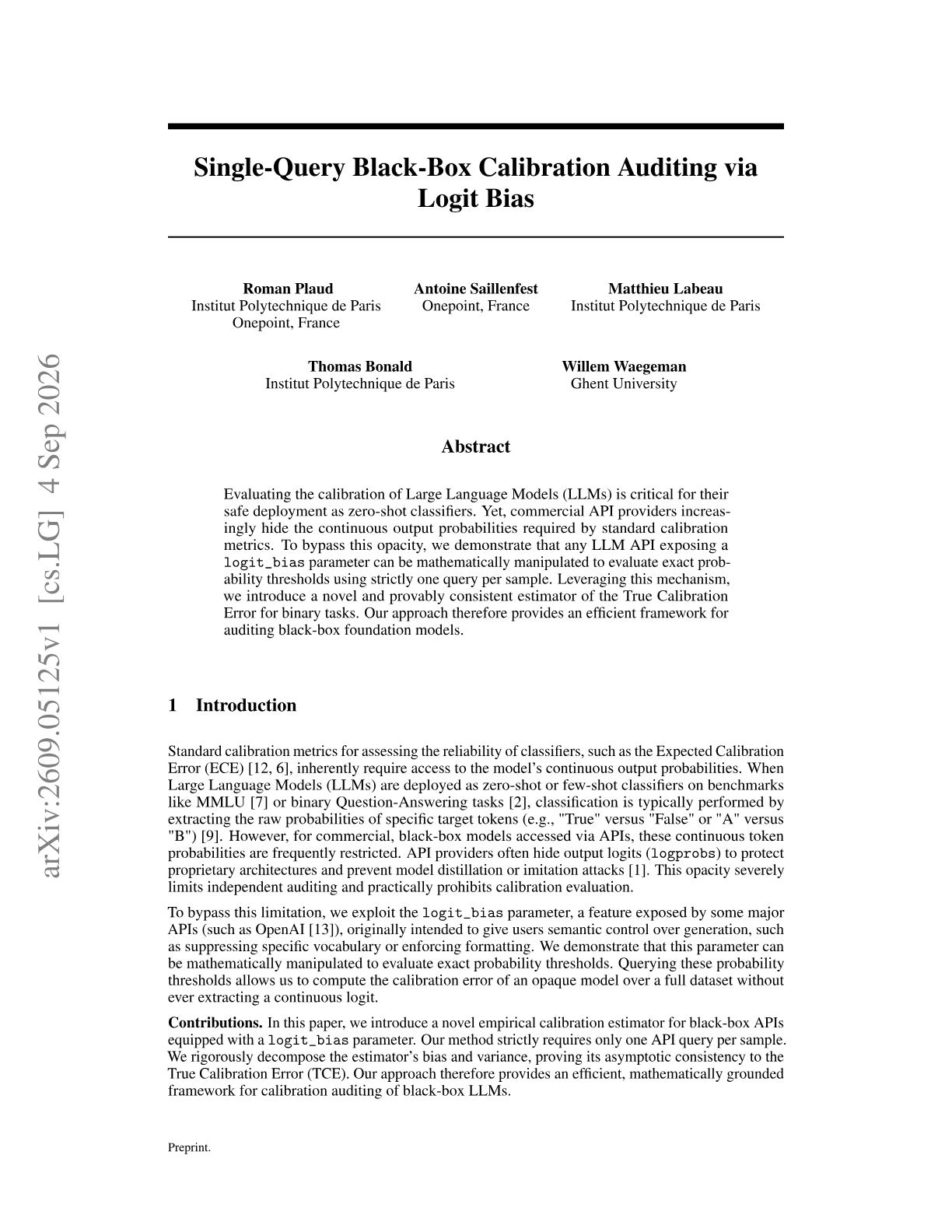 Single-Query Black-Box Calibration Auditing via Logit Bias