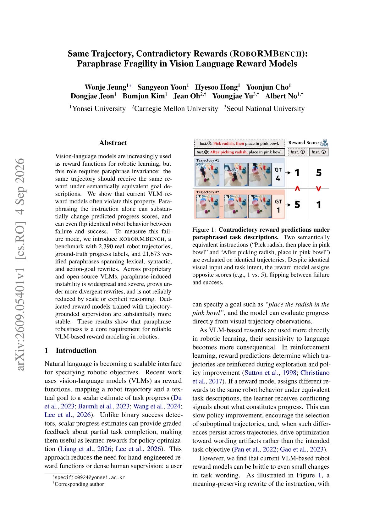 Same Trajectory, Contradictory Rewards (ROBORMBENCH): Paraphrase Fragility in Vision Language Reward Models