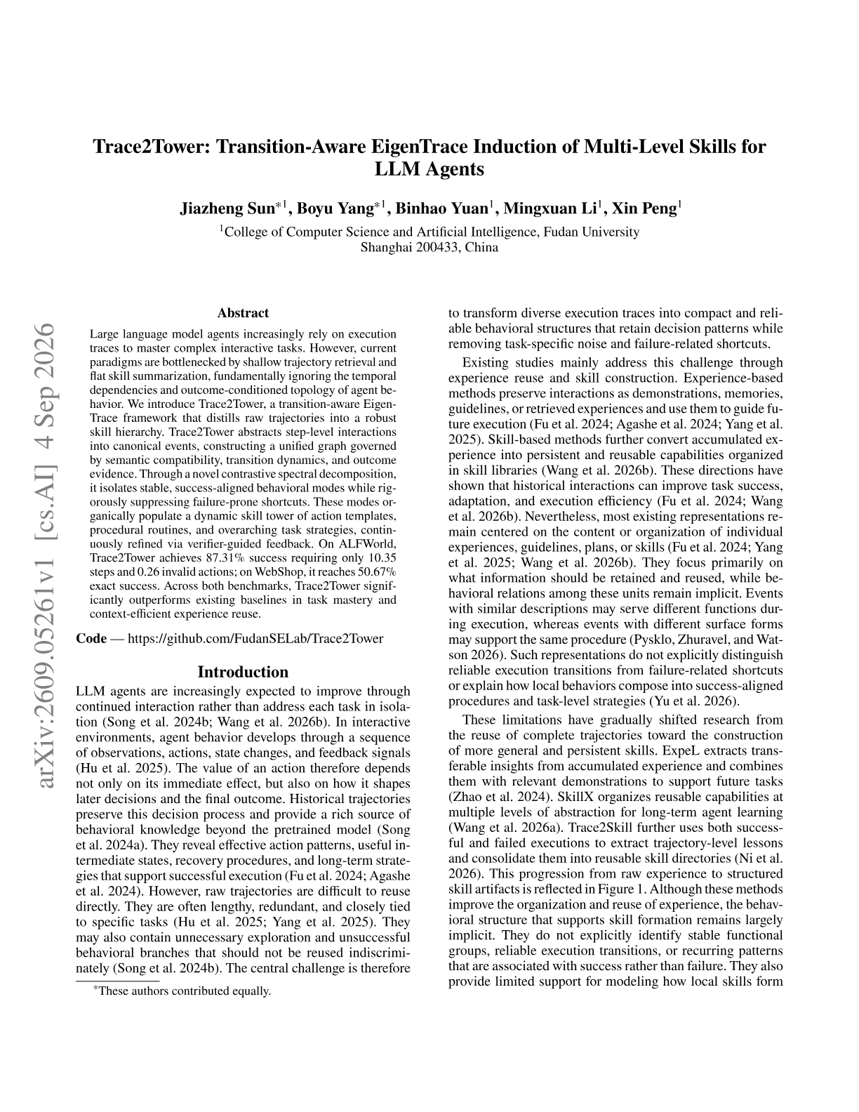Trace2Tower: Transition-Aware EigenTrace Induction of Multi-Level Skills for LLM Agents