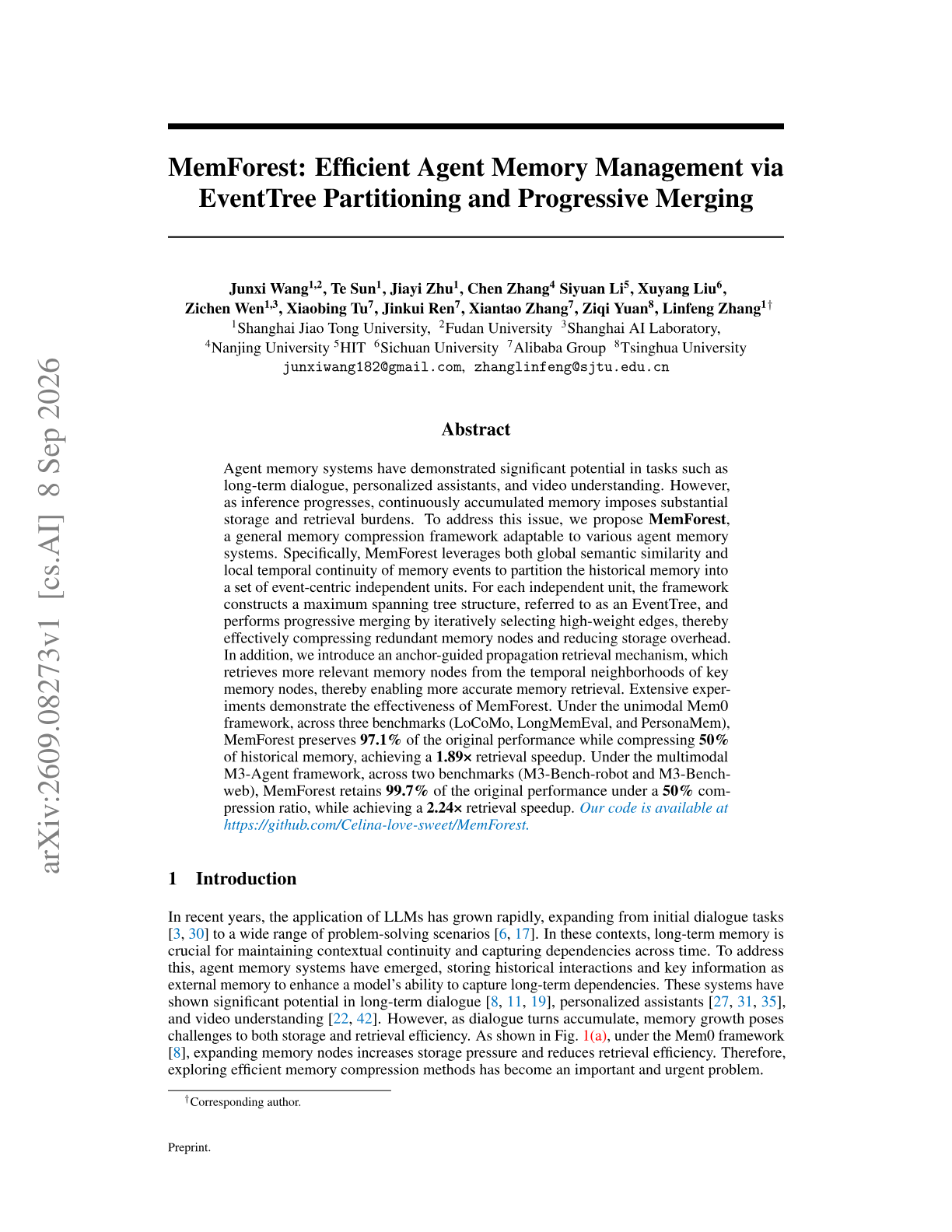 MemForest: Efficient Agent Memory Management via EventTree Partitioning and Progressive Merging