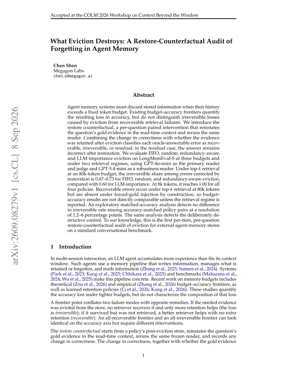 What Eviction Destroys: A Restore-Counterfactual Audit of Forgetting in Agent Memory