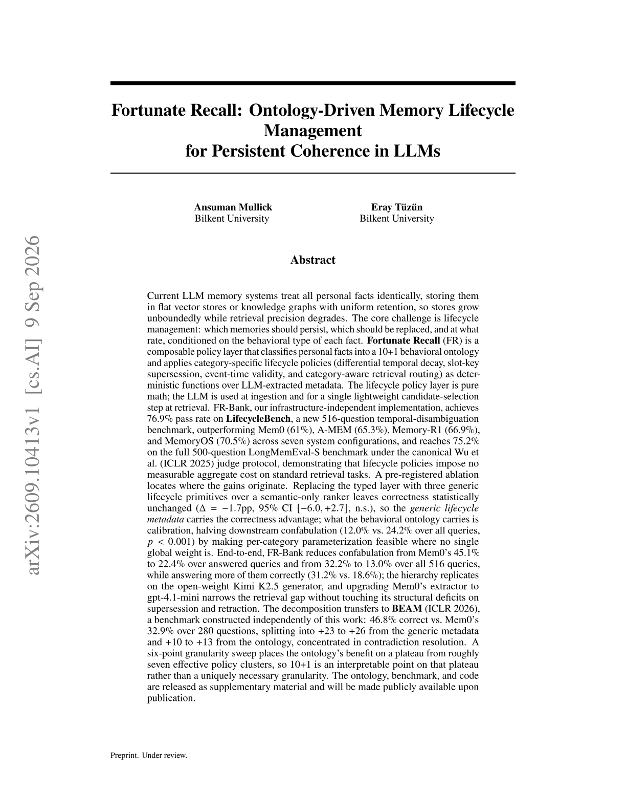 Fortunate Recall: Ontology-Driven Memory Lifecycle Management for Persistent Coherence in LLMs