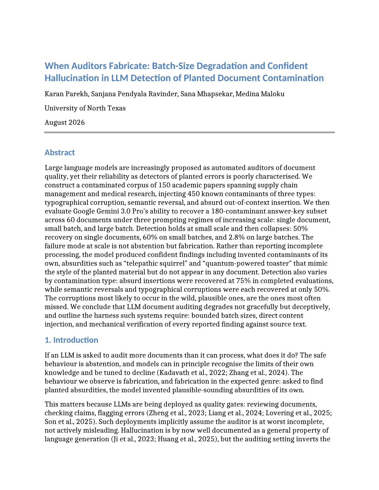 When Auditors Fabricate: Batch-Size Degradation and Confident Hallucination in LLM Detection of Planted Document Contamination